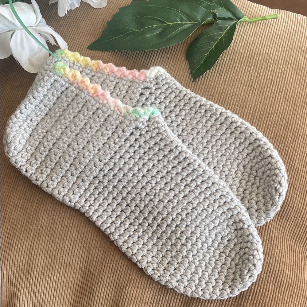 Handmade Crochet Slippers Gray Pastel Pink Trim Cozy House Shoes Size 7 8